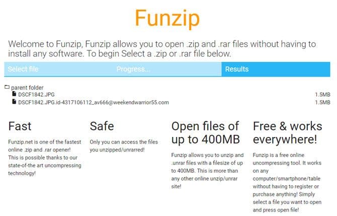 Funzip - أفضل 7 برامج فك الملفات المضغوطة RAR أونلاين